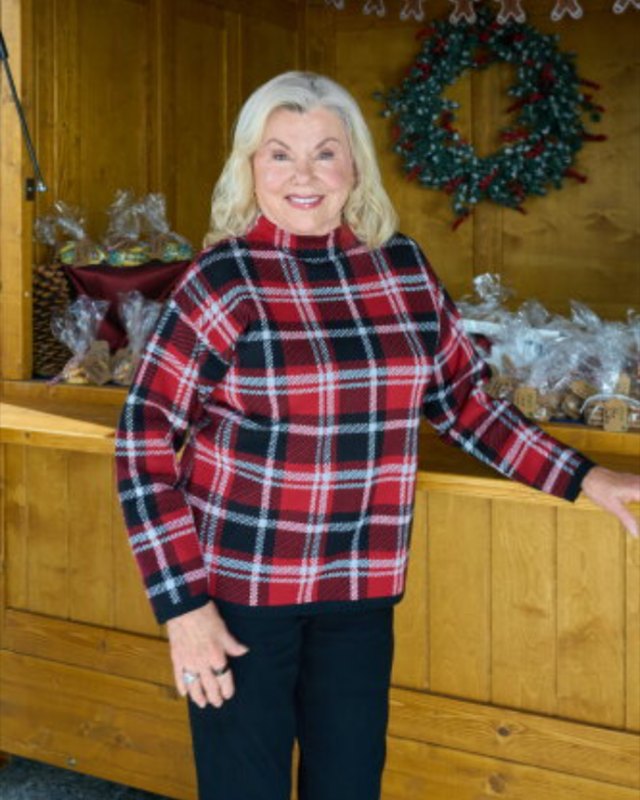 Darlene in red tartan mock-neck sweater, from Holiday Touchdown: A Bears Love Story
