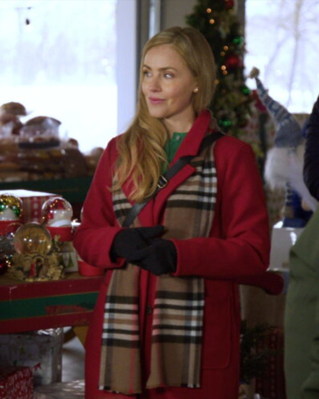 Lexi in red wool coat and a camel plaid scarf, from 'Tis the Season for Setups
